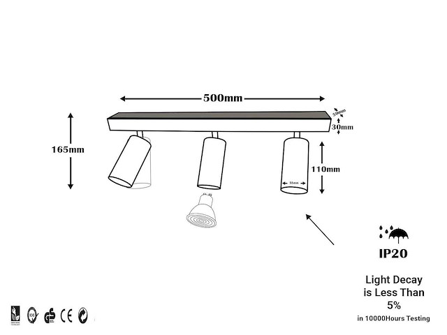 4 x gu10 opbouwspot armatuur – 3 draaibare spots – ip20 – zwart - afbeelding 4 van  4