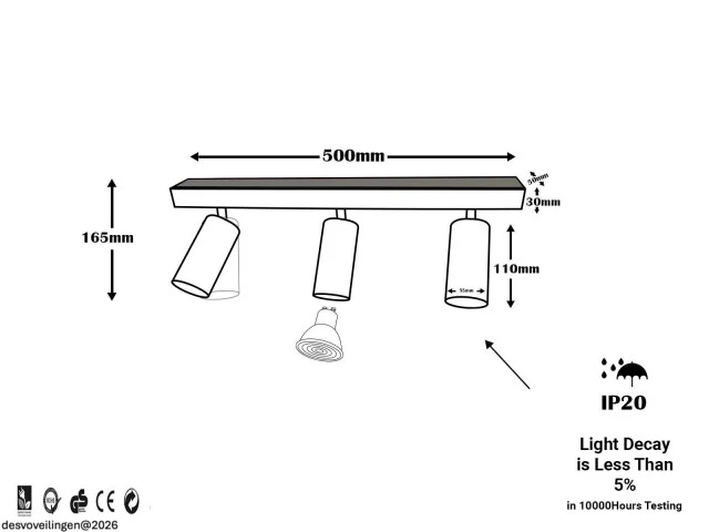 4 x gu10 opbouwspot armatuur – 3 draaibare spots – ip20 – zwart - afbeelding 5 van  5