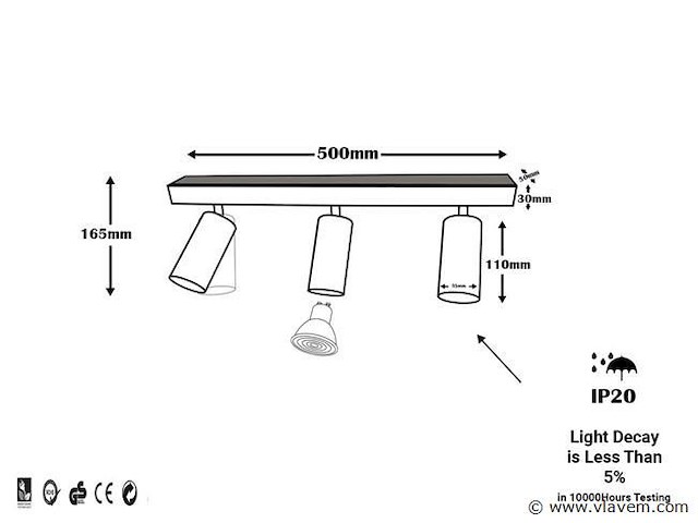 4 x gu10 opbouwspot armatuur – 3 draaibare spots – ip20 – zwart - afbeelding 4 van  4