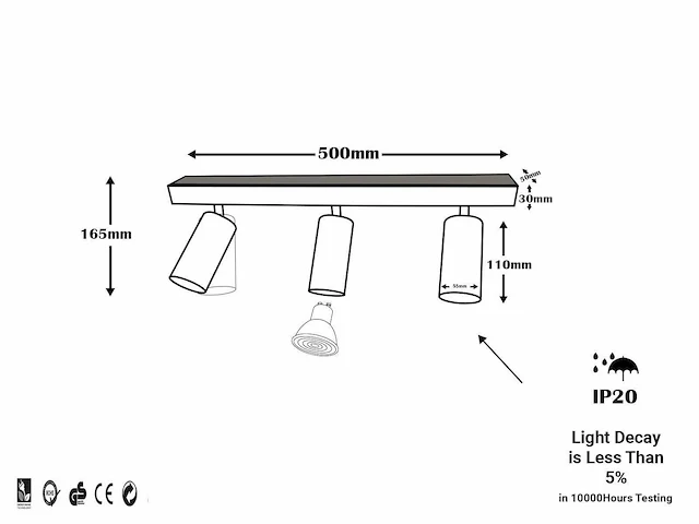 4 x gu10 opbouwspot armatuur – 3 draaibare spots – ip20 – zwart - afbeelding 4 van  4