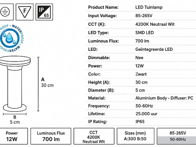 4 x led buiten sokkel lamp – 12w – 4200k neutraal wit - zwart – ip65 – dexter-2 - afbeelding 3 van  5