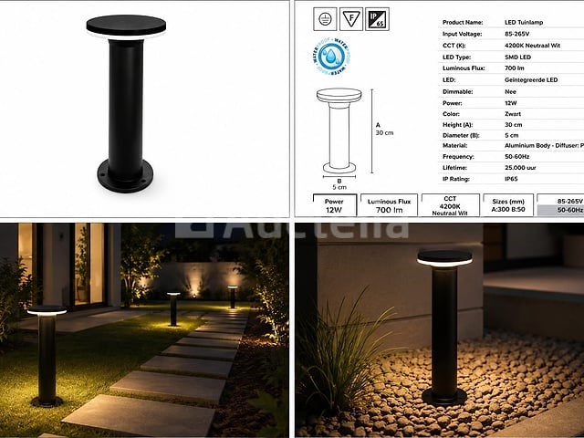 4 x led buiten sokkel lamp – 12w – 4200k neutraal wit - zwart – ip65 – dexter-2 - afbeelding 4 van  5
