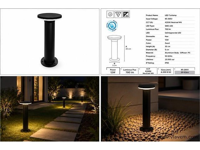 4 x led buiten sokkel lamp – 12w – 4200k neutraal wit - zwart – ip65 – dexter-2 - afbeelding 5 van  5