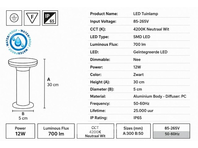 4 x led buiten sokkel lamp – 12w – 4200k neutraal wit - zwart – ip65 – dexter-2 - afbeelding 5 van  6