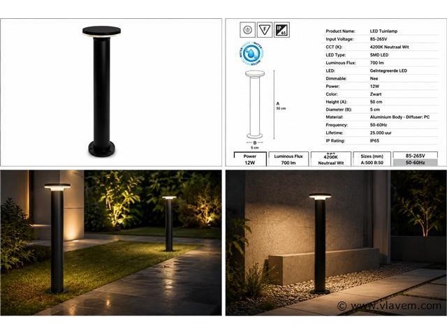 4 x led buiten sokkel lamp – 12w – 4200k neutraal wit - zwart – ip65 – dexter-3 - afbeelding 5 van  5