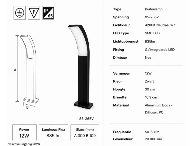 4 x led buiten sokkel lamp – 12w – 4200k neutraal wit - zwart – ip65 – prestige-2 - afbeelding 5 van  6