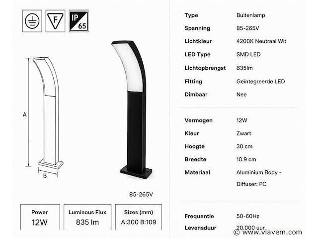4 x led buiten sokkel lamp – 12w – 4200k neutraal wit - zwart – ip65 – prestige-2 - afbeelding 4 van  5