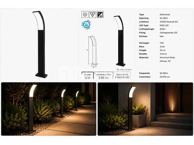 4 x led buiten sokkel lamp – 12w – 4200k neutraal wit - zwart – ip65 – prestige-3 - afbeelding 2 van  5