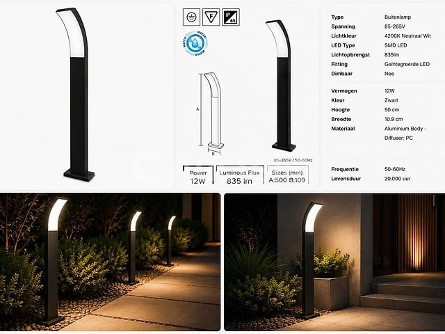4 x led buiten sokkel lamp – 12w – 4200k neutraal wit - zwart – ip65 – prestige-3 - afbeelding 1 van  5