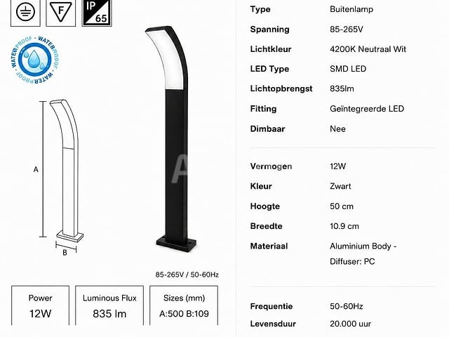 4 x led buiten sokkel lamp – 12w – 4200k neutraal wit - zwart – ip65 – prestige-3 - afbeelding 2 van  5