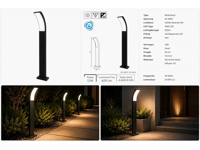 4 x led buiten sokkel lamp – 12w – 4200k neutraal wit - zwart – ip65 – prestige-3 - afbeelding 2 van  10