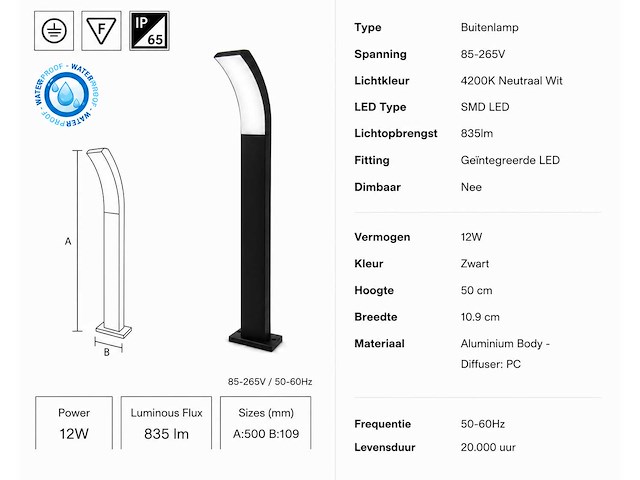 4 x led buiten sokkel lamp – 12w – 4200k neutraal wit - zwart – ip65 – prestige-3 - afbeelding 5 van  10