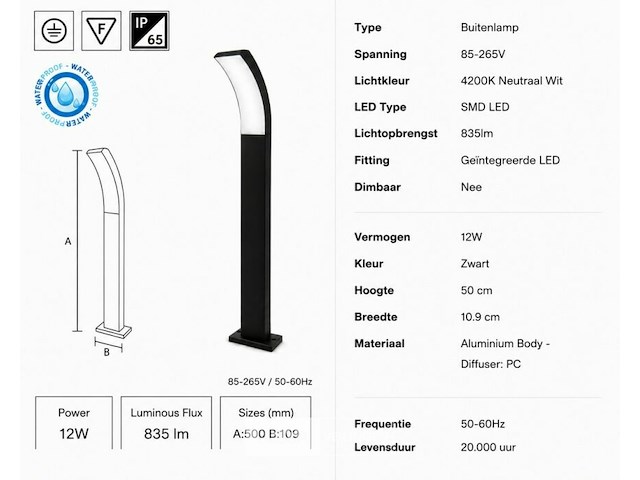 4 x led buiten sokkel lamp – 12w – 4200k neutraal wit - zwart – ip65 – prestige-3 - afbeelding 5 van  6