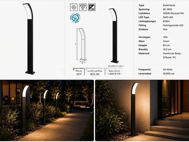 4 x led buiten sokkel lamp – 12w – 4200k neutraal wit - zwart – ip65 – prestige-4 - afbeelding 3 van  5