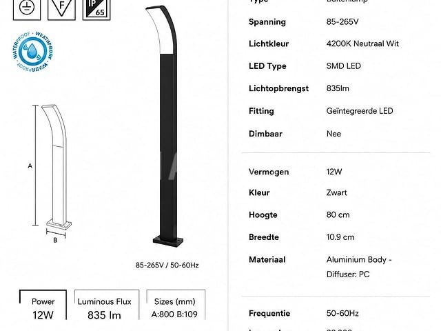 4 x led buiten sokkel lamp – 12w – 4200k neutraal wit - zwart – ip65 – prestige-4 - afbeelding 4 van  5