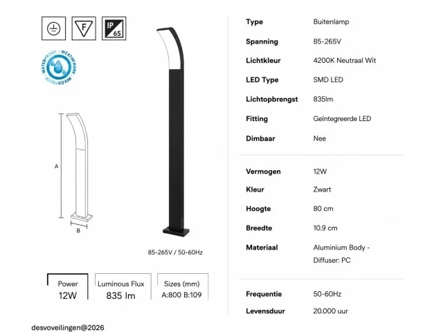 4 x led buiten sokkel lamp – 12w – 4200k neutraal wit - zwart – ip65 – prestige-4 - afbeelding 5 van  6