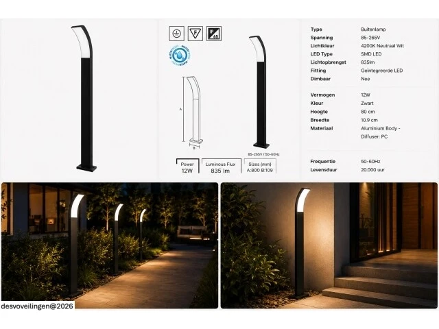 4 x led buiten sokkel lamp – 12w – 4200k neutraal wit - zwart – ip65 – prestige-4 - afbeelding 6 van  6