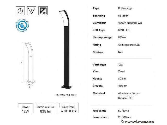 4 x led buiten sokkel lamp – 12w – 4200k neutraal wit - zwart – ip65 – prestige-4 - afbeelding 4 van  5