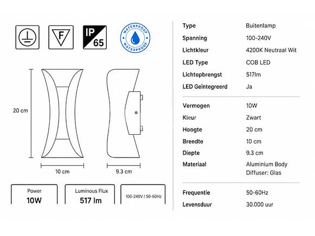 4 x led buiten wandlamp – 10w – 4200k neutraal wit - zwart – ip65 – marvel-10 - afbeelding 1 van  5