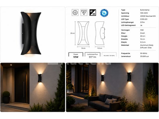 4 x led buiten wandlamp – 10w – 4200k neutraal wit - zwart – ip65 – marvel-10 - afbeelding 2 van  5