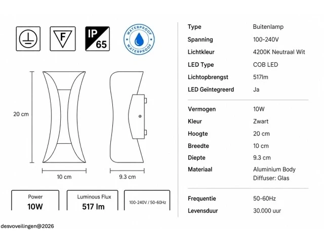 4 x led buiten wandlamp – 10w – 4200k neutraal wit - zwart – ip65 – marvel-10 - afbeelding 5 van  6