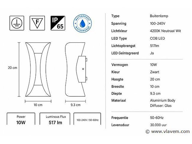 4 x led buiten wandlamp – 10w – 4200k neutraal wit - zwart – ip65 – marvel-10 - afbeelding 4 van  5
