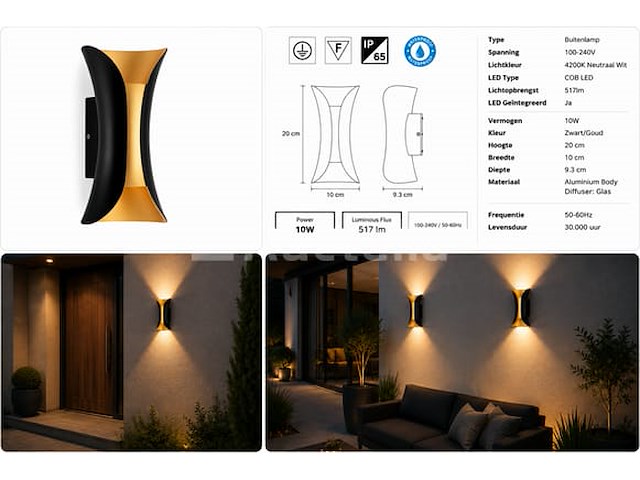 4 x led buiten wandlamp – 10w – 4200k neutraal wit - zwart/goud – ip65 – marvel-10 - afbeelding 4 van  5