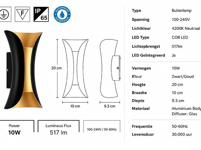 4 x led buiten wandlamp – 10w – 4200k neutraal wit - zwart/goud – ip65 – marvel-10 - afbeelding 3 van  5
