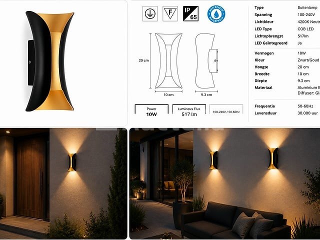 4 x led buiten wandlamp – 10w – 4200k neutraal wit - zwart/goud – ip65 – marvel-10 - afbeelding 4 van  5