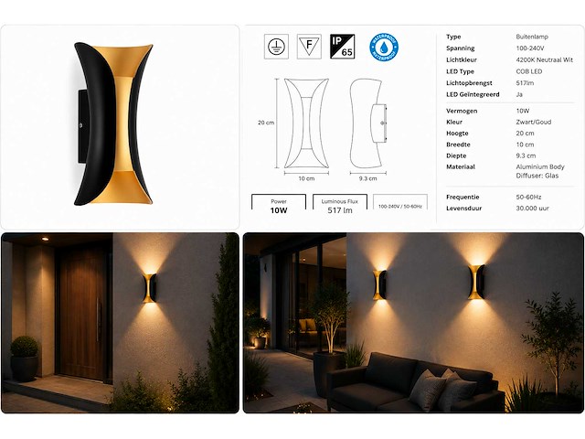 4 x led buiten wandlamp – 10w – 4200k neutraal wit - zwart/goud – ip65 – marvel-10 - afbeelding 2 van  15