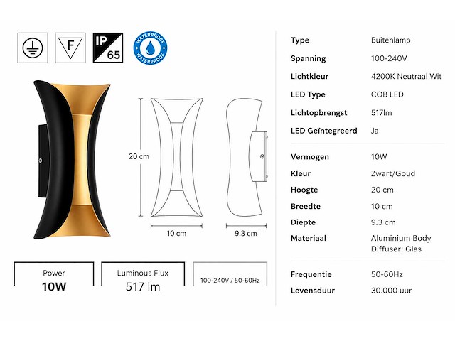 4 x led buiten wandlamp – 10w – 4200k neutraal wit - zwart/goud – ip65 – marvel-10 - afbeelding 15 van  15