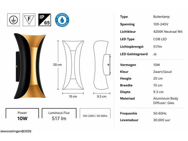 4 x led buiten wandlamp – 10w – 4200k neutraal wit - zwart/goud – ip65 – marvel-10 - afbeelding 5 van  6