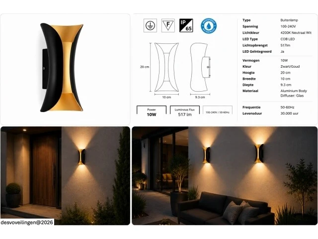4 x led buiten wandlamp – 10w – 4200k neutraal wit - zwart/goud – ip65 – marvel-10 - afbeelding 6 van  6