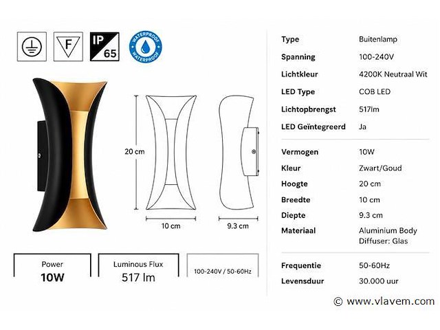 4 x led buiten wandlamp – 10w – 4200k neutraal wit - zwart/goud – ip65 – marvel-10 - afbeelding 4 van  5