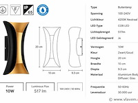 4 x led buiten wandlamp – 10w – 4200k neutraal wit - zwart/goud – ip65 – marvel-10 - afbeelding 4 van  5