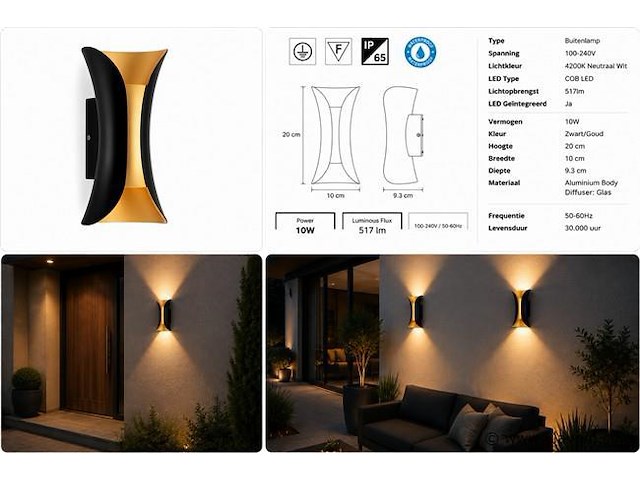 4 x led buiten wandlamp – 10w – 4200k neutraal wit - zwart/goud – ip65 – marvel-10 - afbeelding 5 van  5