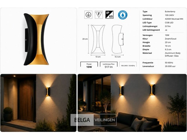 4 x led buiten wandlamp – 10w – 4200k neutraal wit - zwart/goud – ip65 – marvel-10 - afbeelding 6 van  6