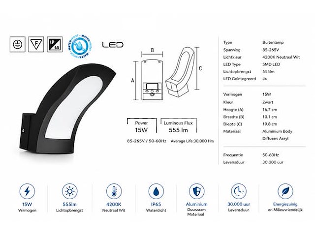 4 x led buiten wandlamp – 15w – 4200k neutraal wit - zwart – ip65 – superb - afbeelding 5 van  5