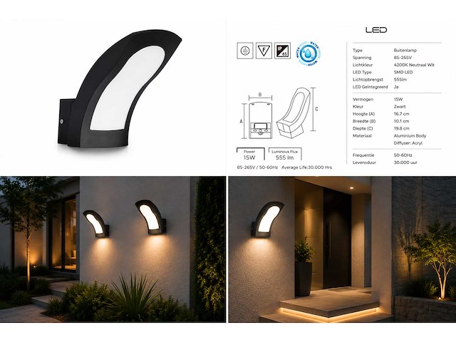 4 x led buiten wandlamp – 15w – 4200k neutraal wit - zwart – ip65 – superb - afbeelding 2 van  13