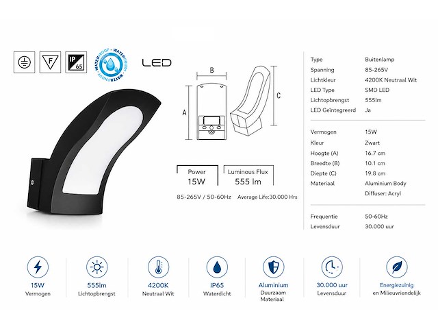 4 x led buiten wandlamp – 15w – 4200k neutraal wit - zwart – ip65 – superb - afbeelding 8 van  13