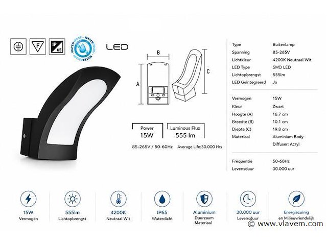 4 x led buiten wandlamp – 15w – 4200k neutraal wit - zwart – ip65 – superb - afbeelding 4 van  5
