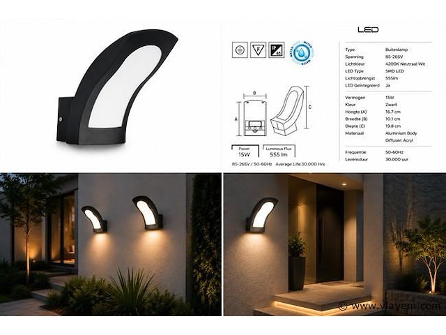 4 x led buiten wandlamp – 15w – 4200k neutraal wit - zwart – ip65 – superb - afbeelding 5 van  5