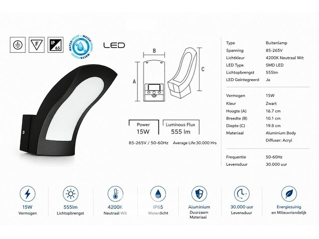4 x led buiten wandlamp – 15w – 4200k neutraal wit - zwart – ip65 – superb - afbeelding 5 van  6