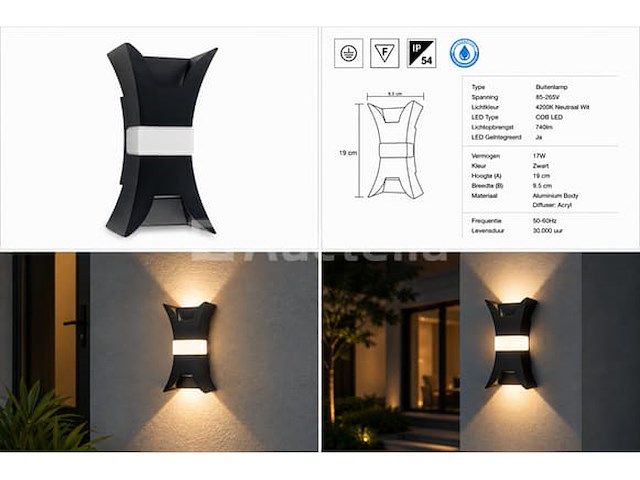 4 x led buiten wandlamp – 17w – 4200k neutraal wit - zwart – ip54 – viper - afbeelding 2 van  5