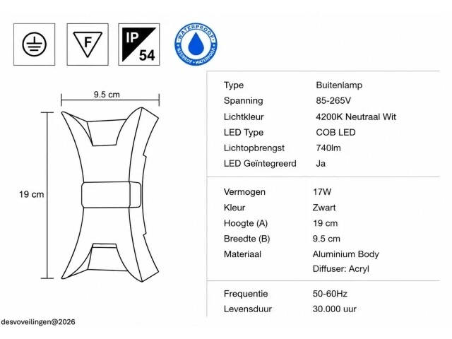 4 x led buiten wandlamp – 17w – 4200k neutraal wit - zwart – ip54 – viper - afbeelding 5 van  6
