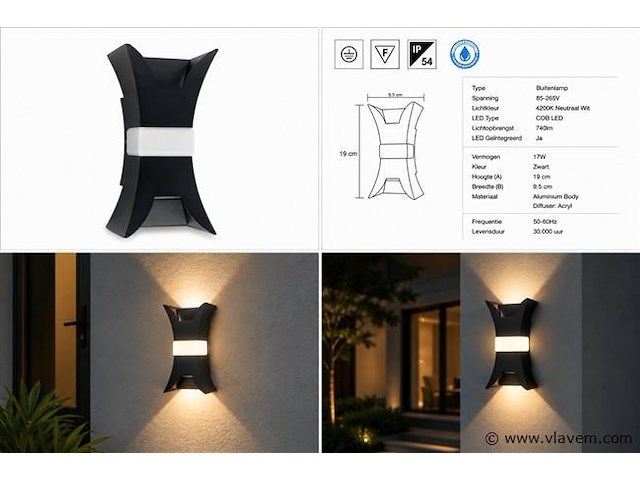 4 x led buiten wandlamp – 17w – 4200k neutraal wit - zwart – ip54 – viper - afbeelding 5 van  5