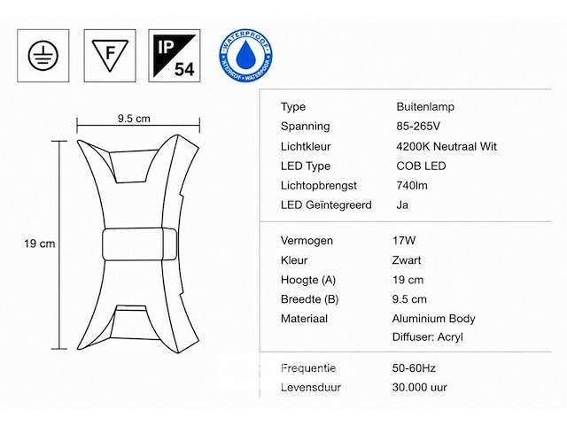 4 x led buiten wandlamp – 17w – 4200k neutraal wit - zwart – ip54 – viper - afbeelding 5 van  6