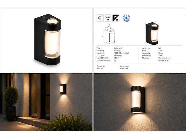 4 x led buiten wandlamp – 6w – 4200k neutraal wit - zwart – ip65 – vector-6 - afbeelding 5 van  11