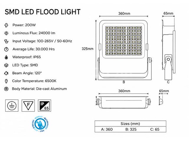 4 x led floodlight 200w – 6400k koud wit - zwart – ip65 – borneo-200 - afbeelding 1 van  5