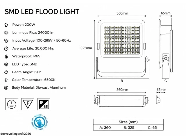 4 x led floodlight 200w – 6400k koud wit - zwart – ip65 – borneo-200 - afbeelding 5 van  6